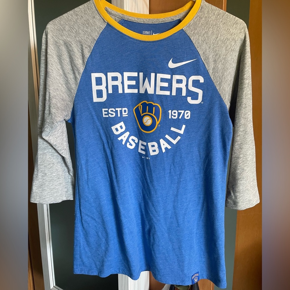Nike Ladies Blue and Gray Brewers Baseball Tee